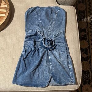 Denim Strapless Dress with Floral Detail